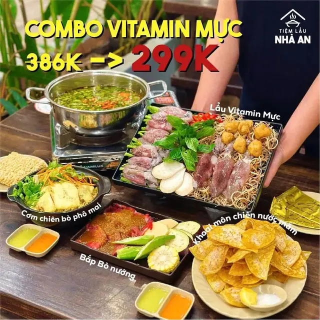 Combo Vitamin Mực gồm lẩu vitamin mực, cơm chiên bò phô mai, bắp bò nướng và khoai môn chiên nước mắm