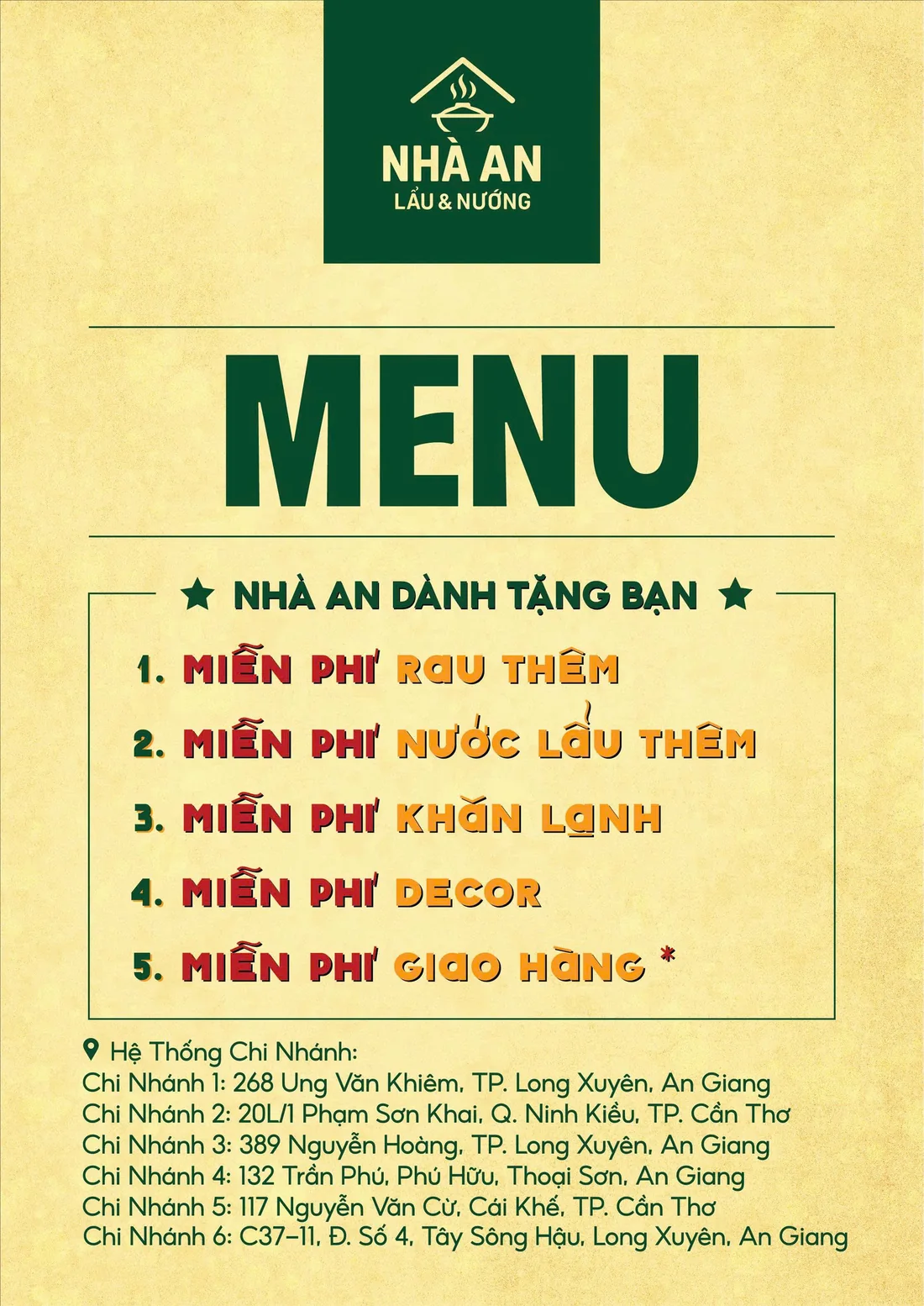 Bìa menu Nhà An, năm điều miễn phí