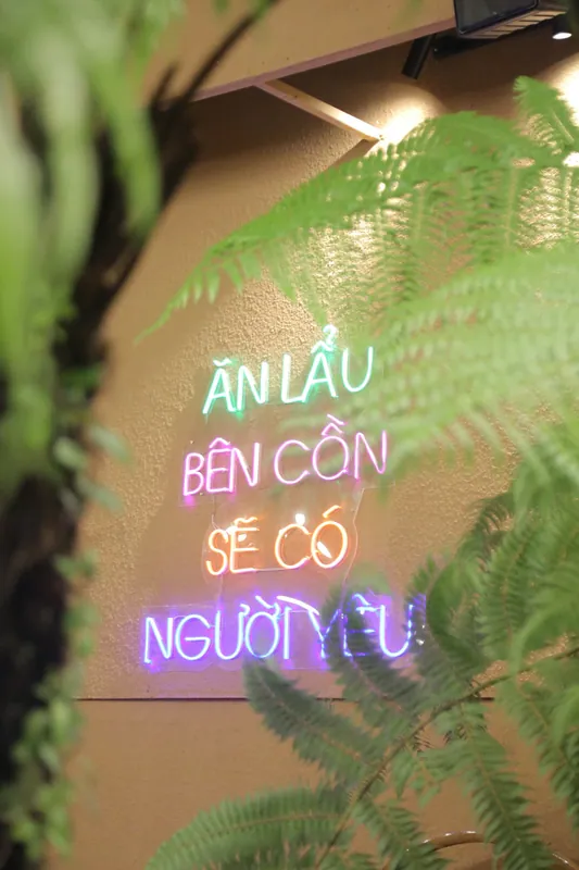 Đèn neon nhiều màu với dòng chữ Ăn lẩu bên cồn sẽ có người yêu trên tường giữa lá dương xỉ