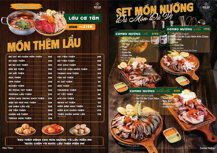Thực đơn Tiệm Lẩu Nhà An trang 2: Món thêm lẩu và set món nướng
