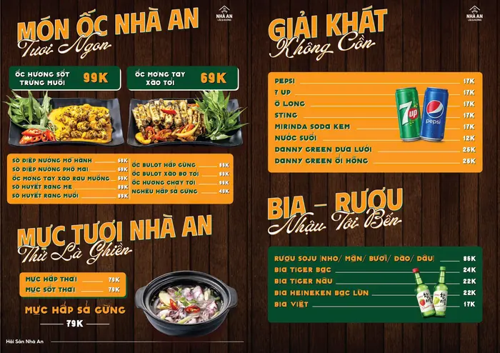 Thực đơn Tiệm Lẩu Nhà An trang 5: Món ốc, mực tươi, giải khát